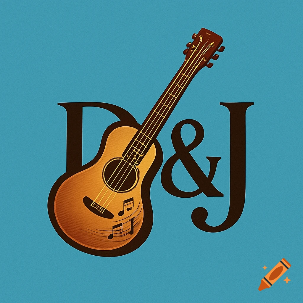 A brown guitar with musical notes on a blue background, forming a logo with the letters D, &, and J.