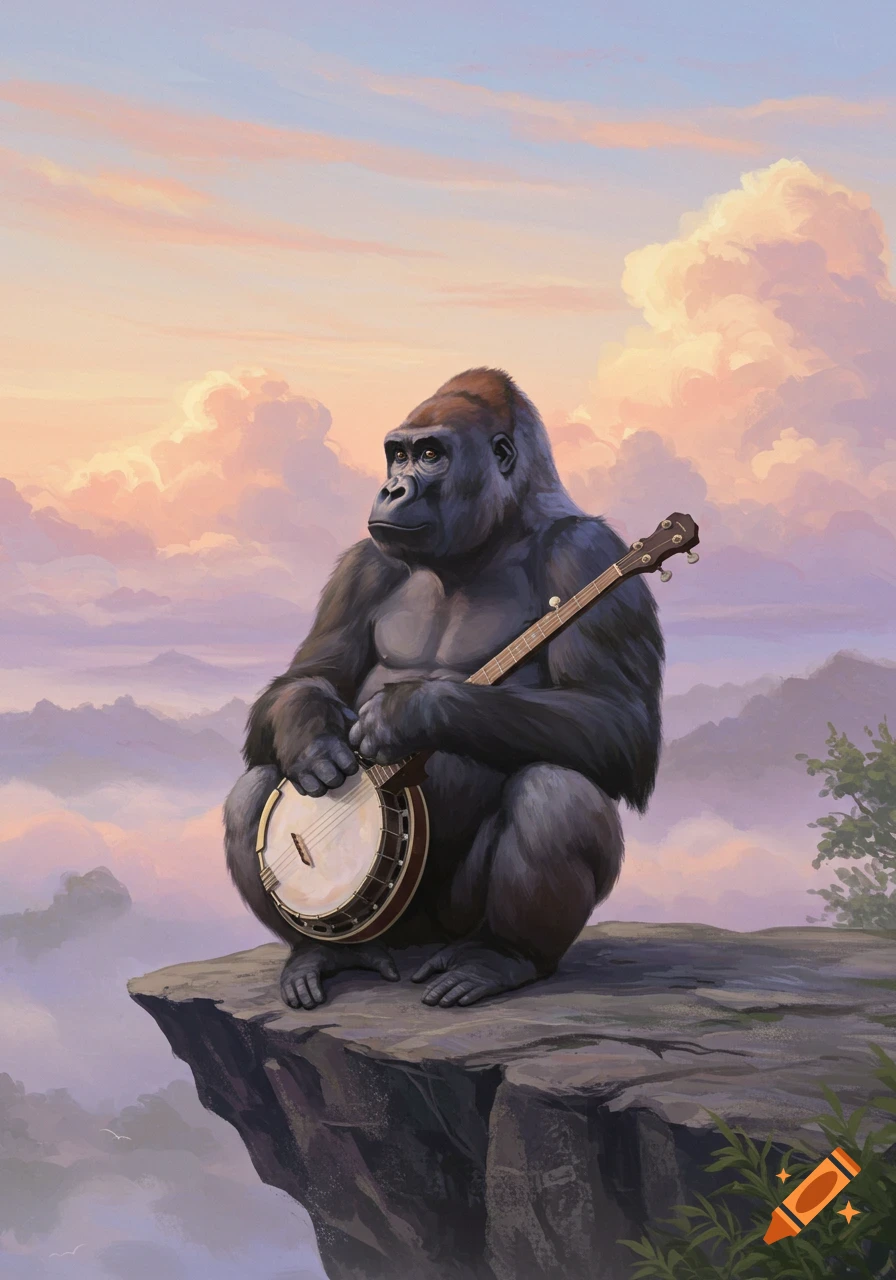 An impressionist painting of a gorilla sitting on a cliff playing a banjo, with pastel clouds and misty mountains in the background.