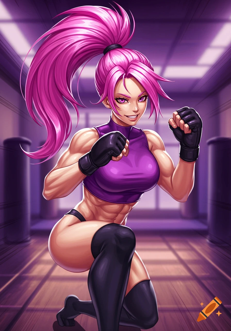 Muscular anime girl with pink ponytail, purple crop top, black gloves and high socks, in a fighting stance.