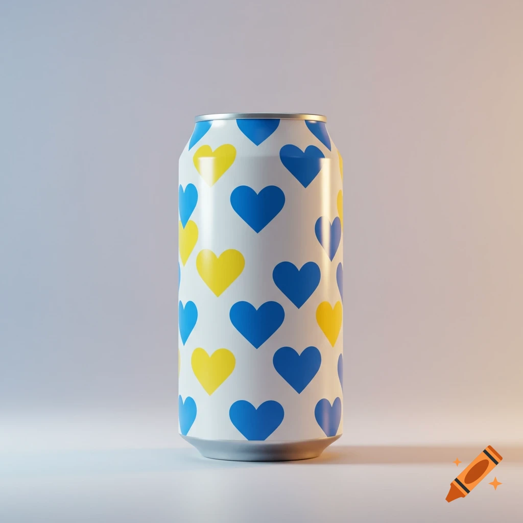A white soda can covered in a pattern of blue and yellow hearts.