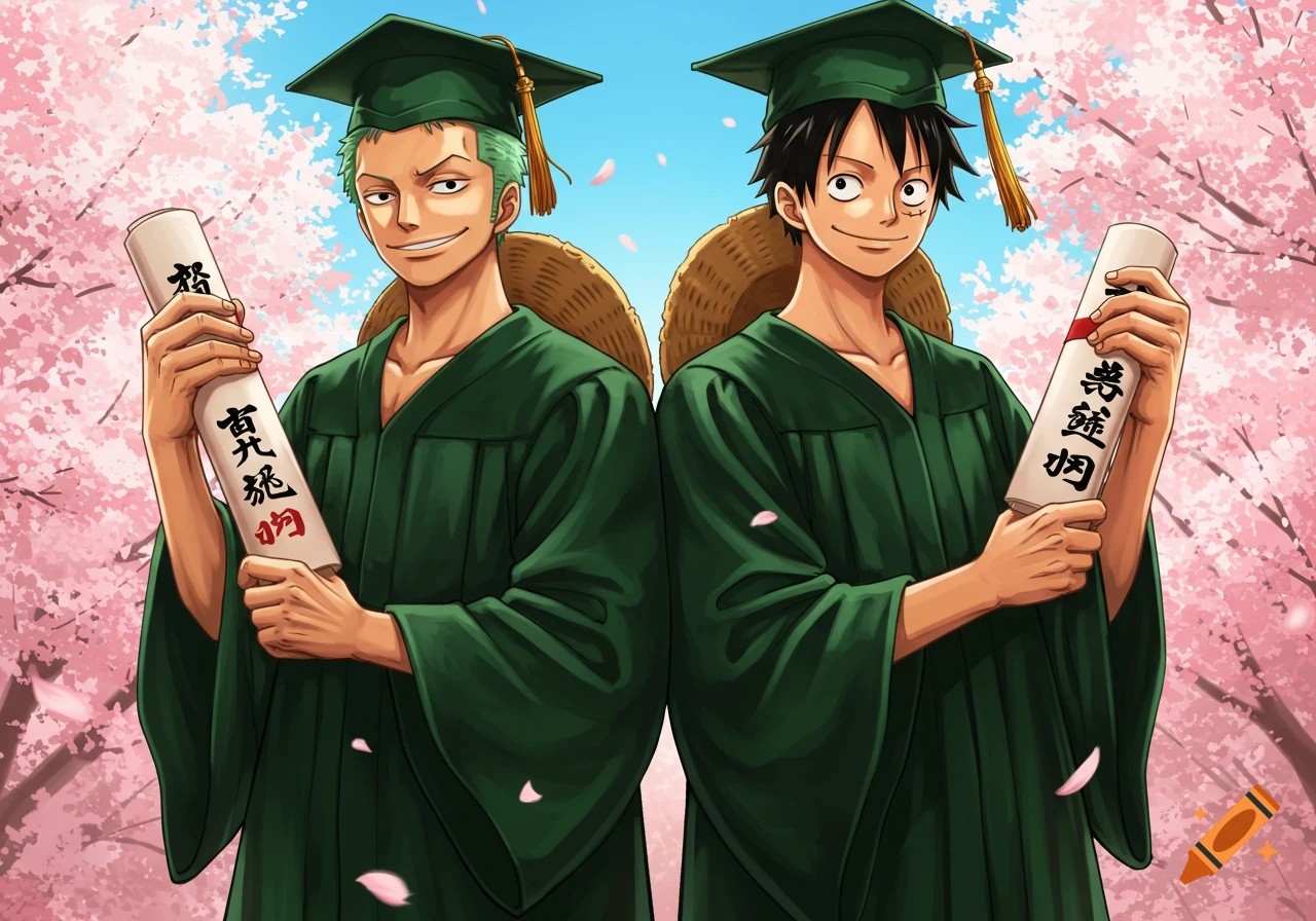Anime characters Luffy and Zoro from One Piece in green graduation caps and gowns, holding diplomas, surrounded by cherry blossoms.