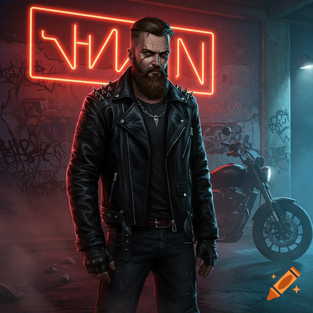 A rugged bearded biker in a leather jacket stands in a dark, graffiti-covered alley illuminated by a red neon sign, with a motorcycle behind him.