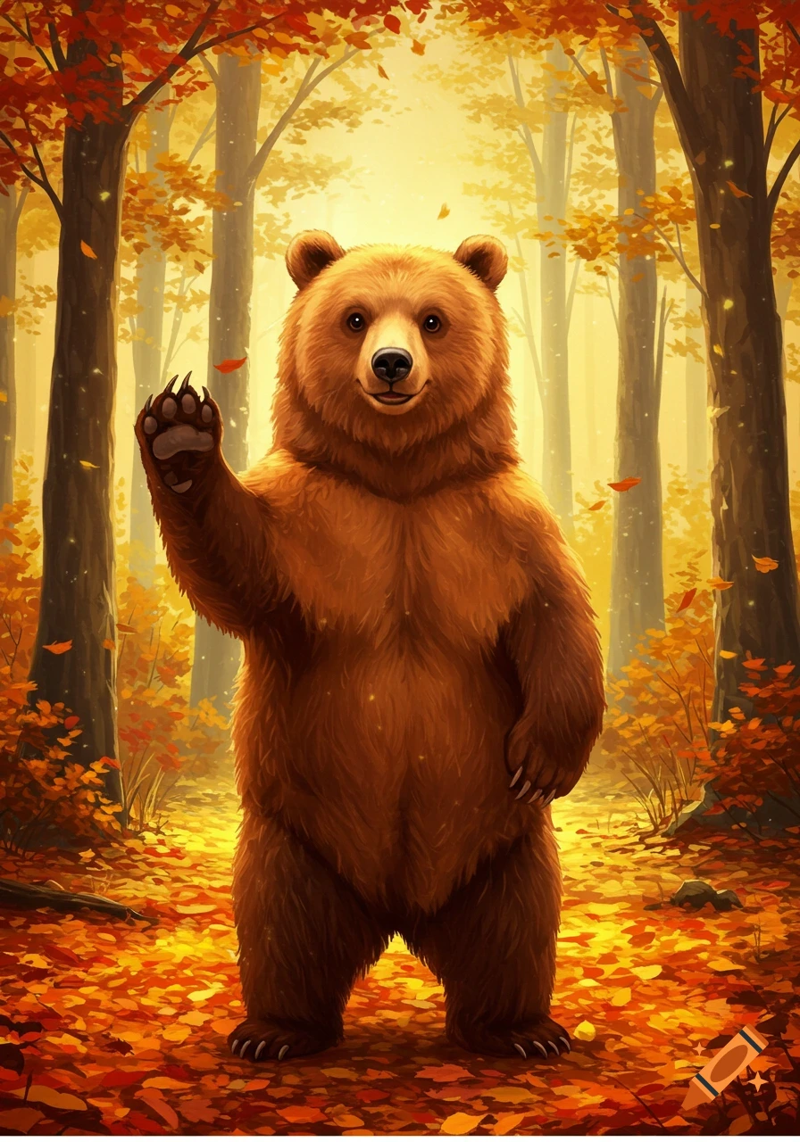 A friendly brown cartoon bear stands in an autumn forest, waving its paw.