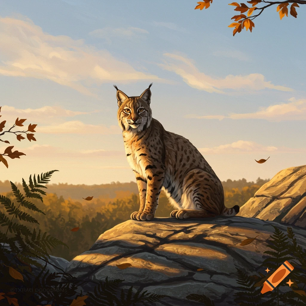 A bobcat sits on sunlit rocks in an autumn forest landscape under a cloudy sky.