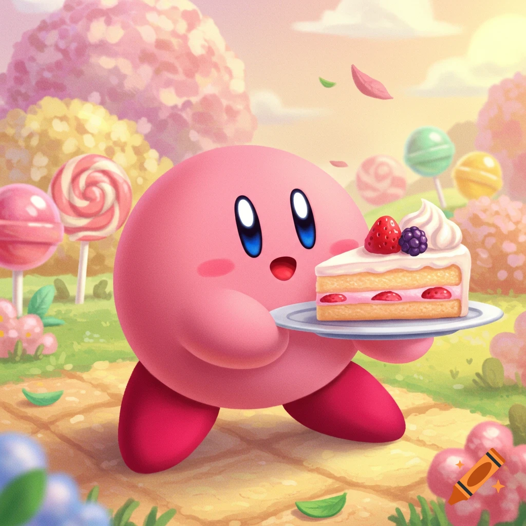 Kirby, the pink puffball, holds a slice of strawberry shortcake on a plate in a whimsical outdoor setting with lollipops and colorful trees.