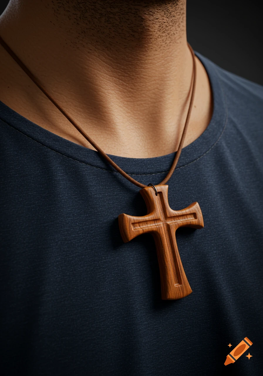Close-up of a man wearing a dark t-shirt and a brown leather necklace with a wooden cross pendant.