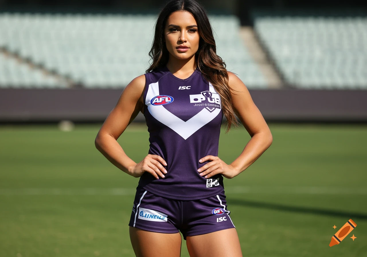 A stunning brunette woman in a purple and white AFL sports kit stands on a green sports field with stadium seats in the background.