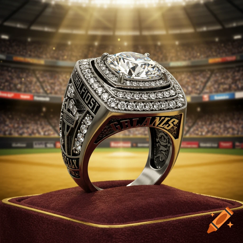 Close-up of a diamond-encrusted championship ring on a red velvet cushion in a baseball stadium under bright lights.