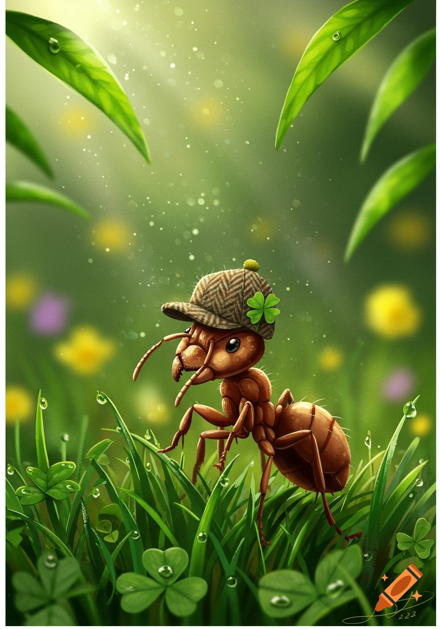 A charming illustration of a tiny ant wearing an Irish tweed cap, standing in a lush, dewy green field of grass and clover.