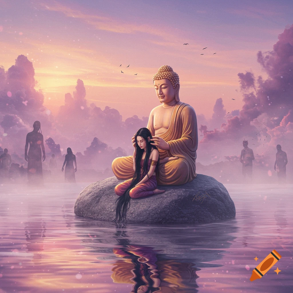 A golden Buddha statue and a woman with long black hair on a rock in serene water at sunset, with misty figures in the background.