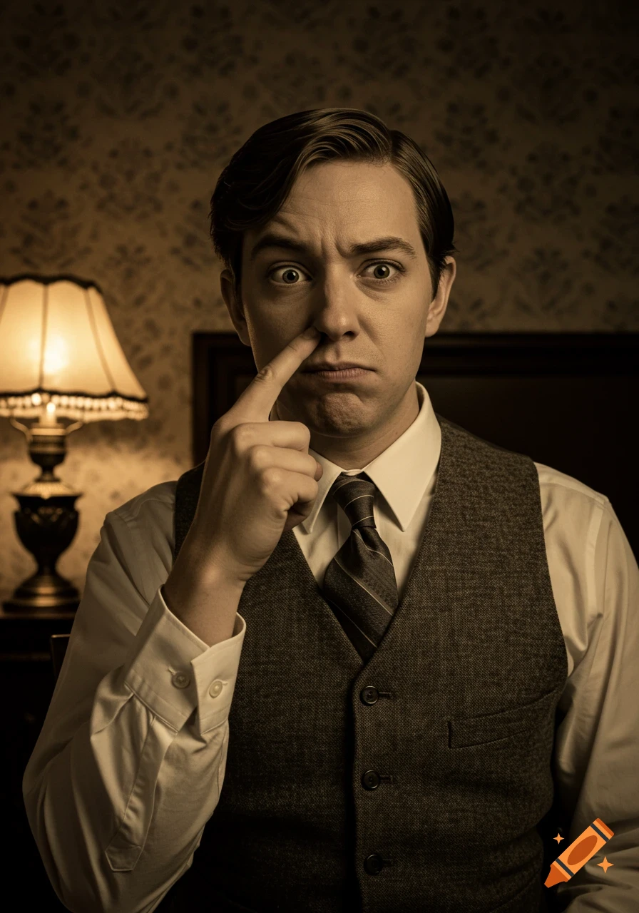 A vintage portrait of a man with wide eyes and a puckered expression, plugging his nose with his finger in a sepia-toned room.