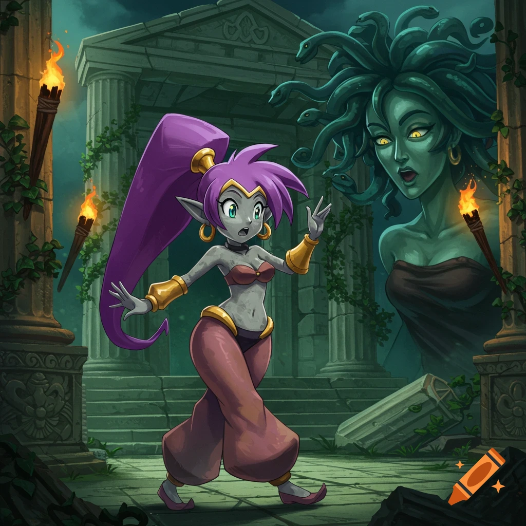 Anime style Shantae looking shocked and scared while facing a large Medusa in ancient ruins at night.