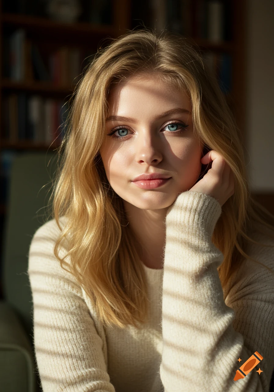 Photorealistic portrait of a young blonde woman with blue eyes gazing at the camera in a softly lit indoor setting.