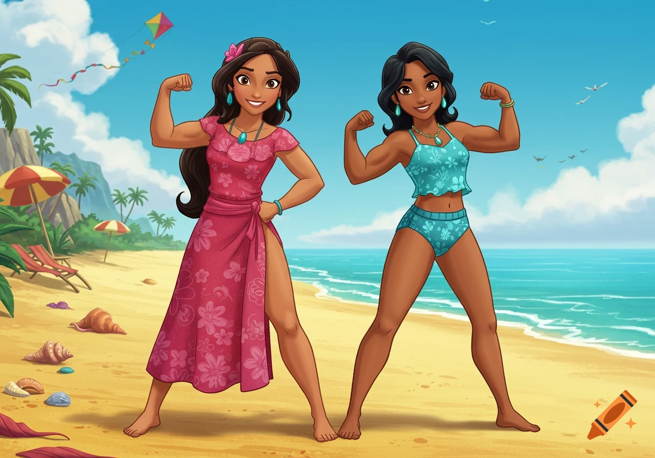 Two animated women, resembling Disney characters, flex their biceps on a sunny tropical beach.