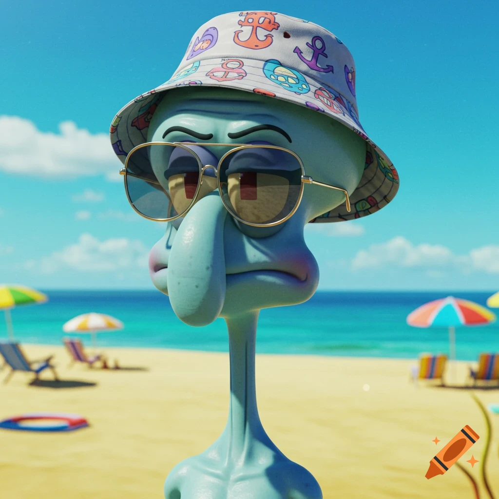 A 3D rendering of Handsome Squidward wearing sunglasses and a patterned bucket hat on a sunny beach.
