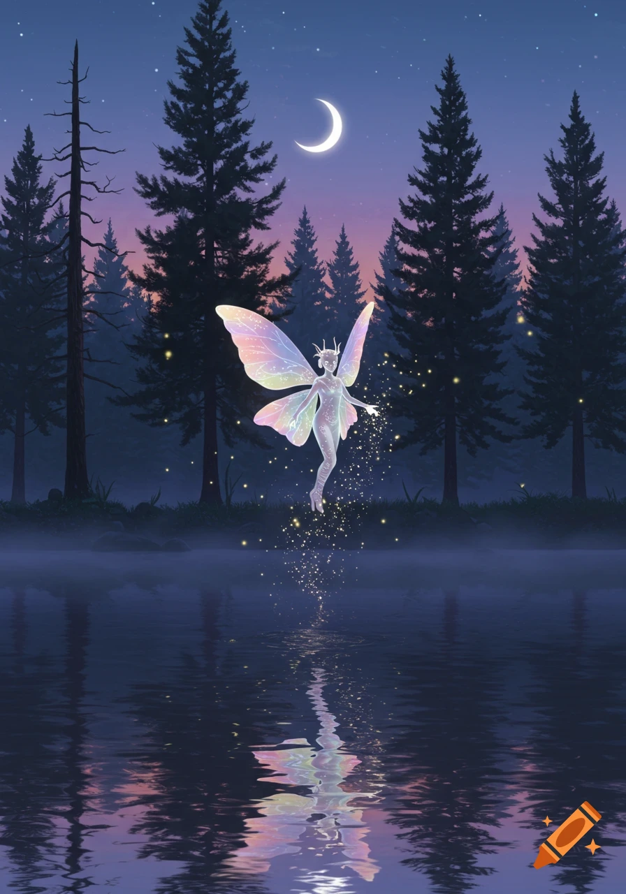 A luminous fairy with iridescent wings hovers over a misty lake at night, surrounded by dark pine trees and a crescent moon.
