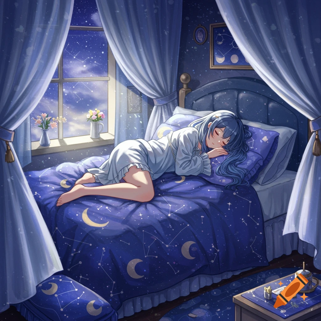 An anime girl sleeps peacefully in a bed with blue star and moon patterned sheets, bathed in light from a window looking out at a starry night sky.