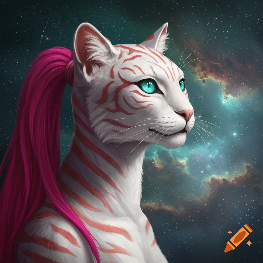 Stylized portrait of a white feline creature with red stripes, pink ponytail, and turquoise eyes, set against a vibrant space nebula.