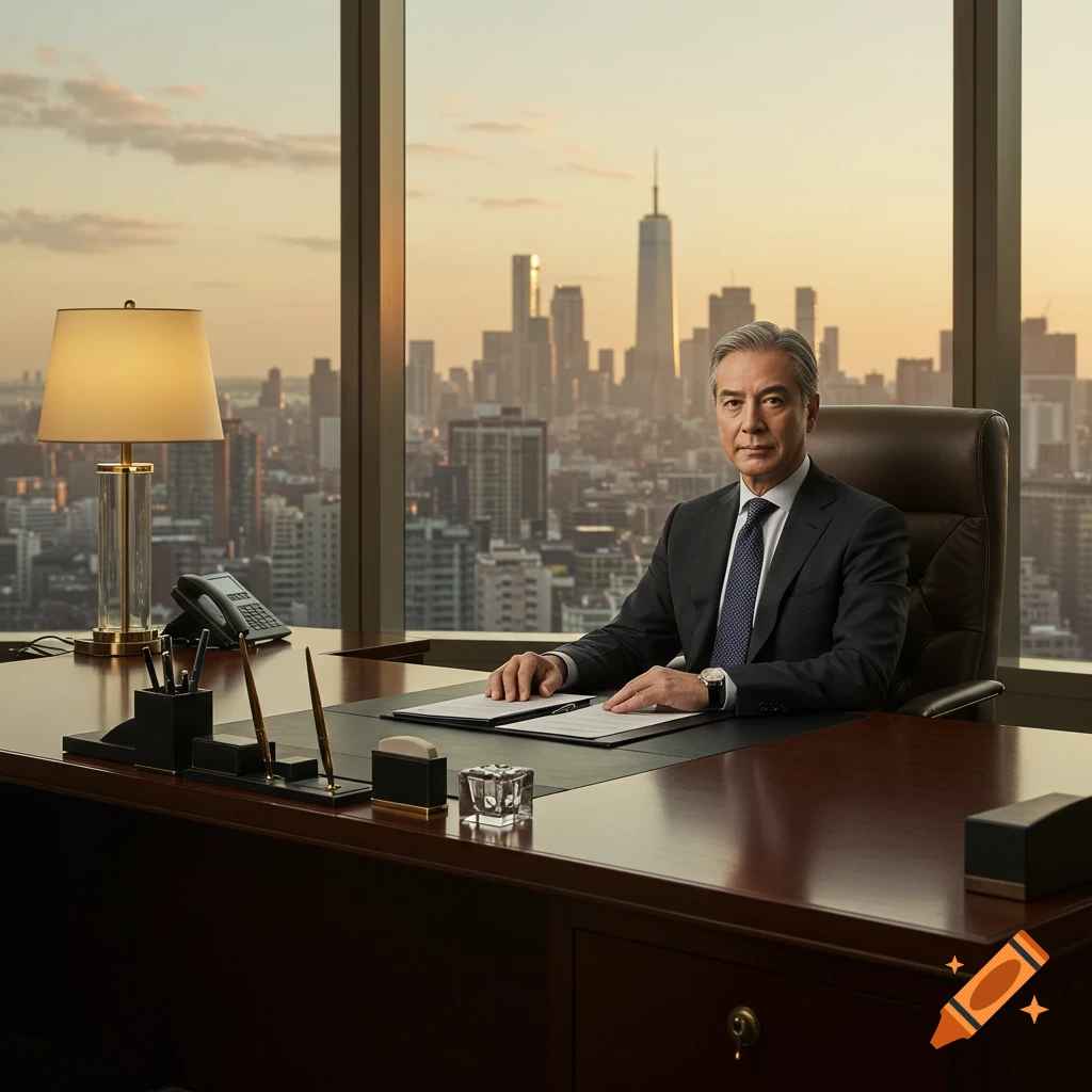 A man in a suit sits at a large desk in an executive office with a city skyline at sunset.