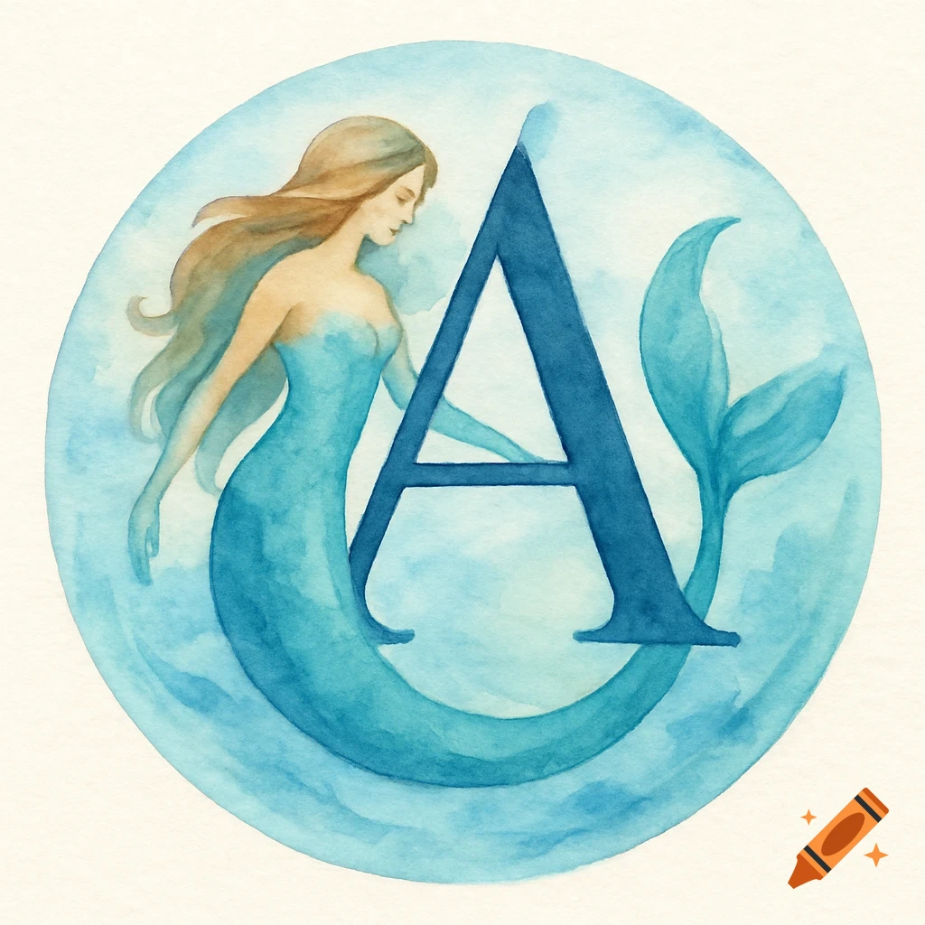 Watercolor illustration of a mermaid embracing a large blue letter A within a light blue circle.