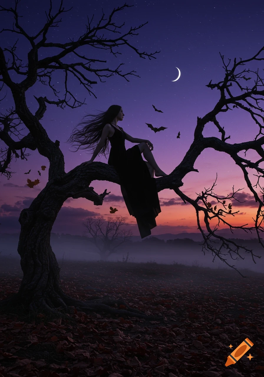 A photorealistic witch silhouette sits on a gnarled tree branch against a purple and orange sunset sky with a crescent moon and bats.