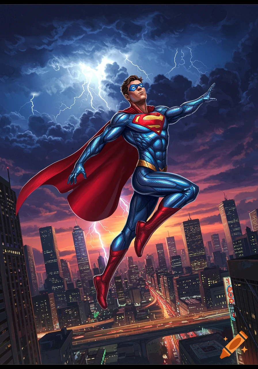 A superhero resembling Superman in a blue and red suit and cape flies over a city at sunset with a stormy sky and lightning.