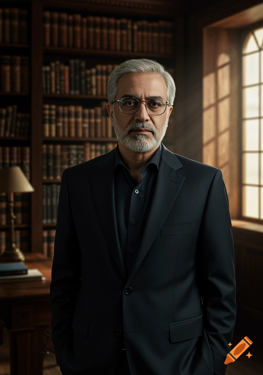 A photorealistic portrait of an older man with grey hair, beard, and glasses, wearing a dark suit in a dimly lit library.