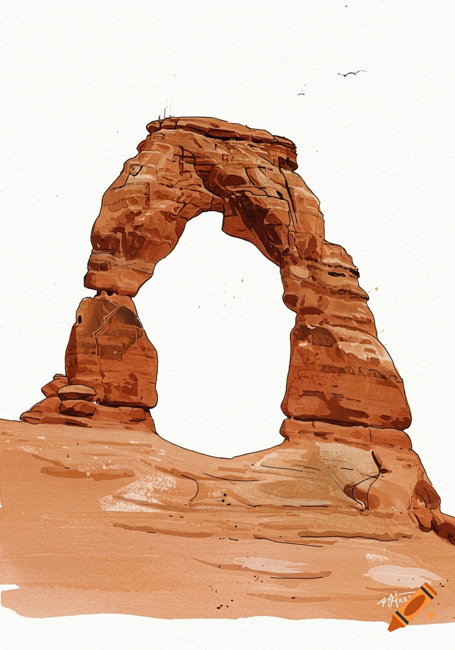 A watercolor painting of Delicate Arch, a large natural sandstone arch, against a plain white background.