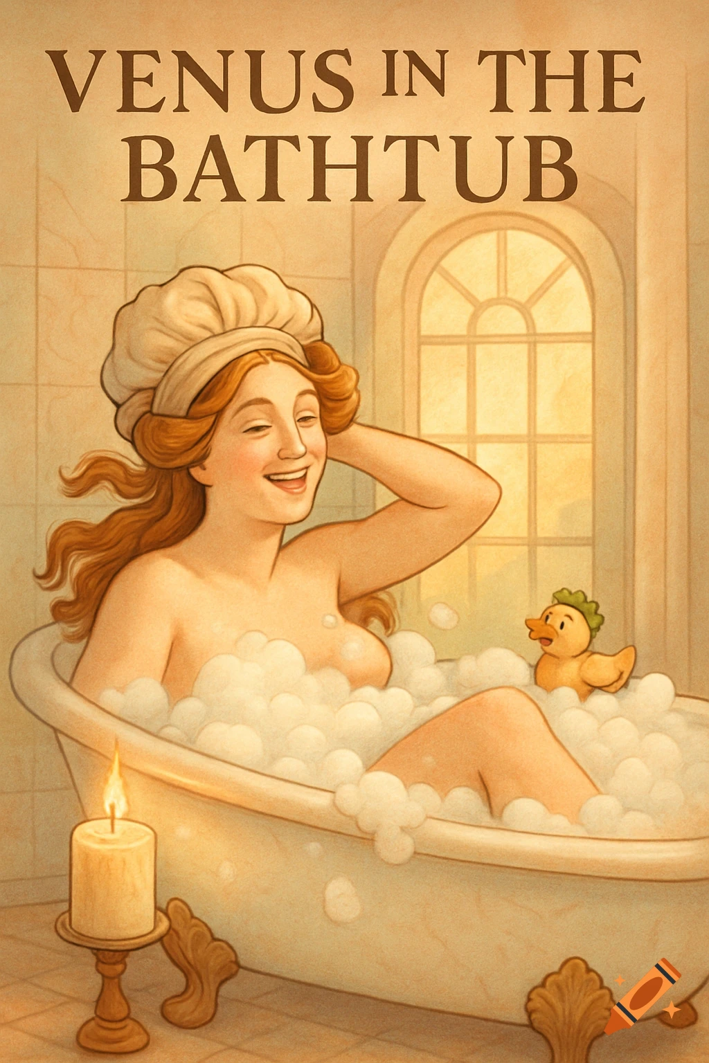 A smiling woman with red hair and a bathing cap sits in a bubble bath with a rubber duck. Text reads 'VENUS IN THE BATHTUB'. Illustrated in a classical art style with warm lighting.