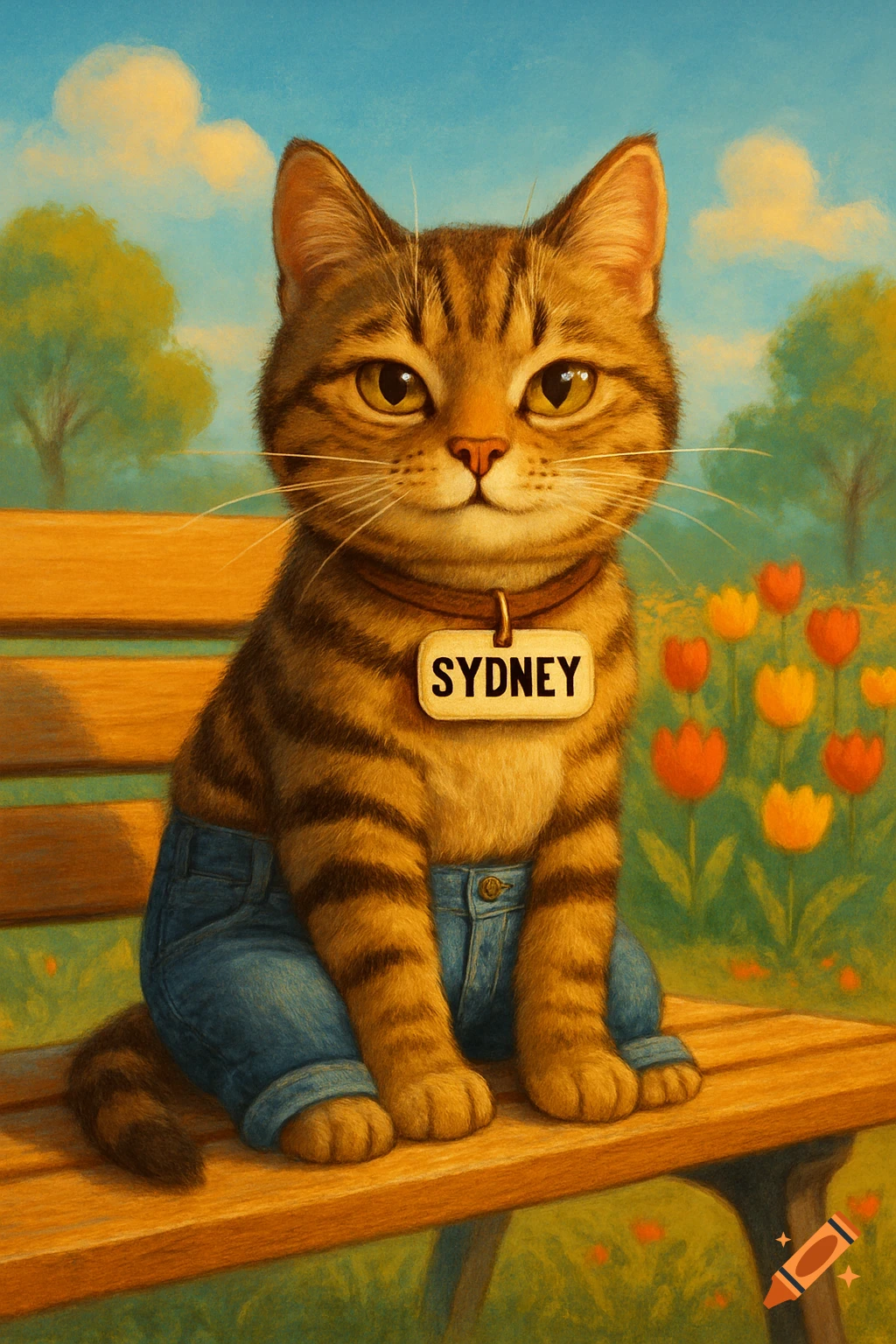 A tabby cat wearing blue jeans and a nametag that says 'SYDNEY' sits on a park bench, with trees and flowers in the background.
