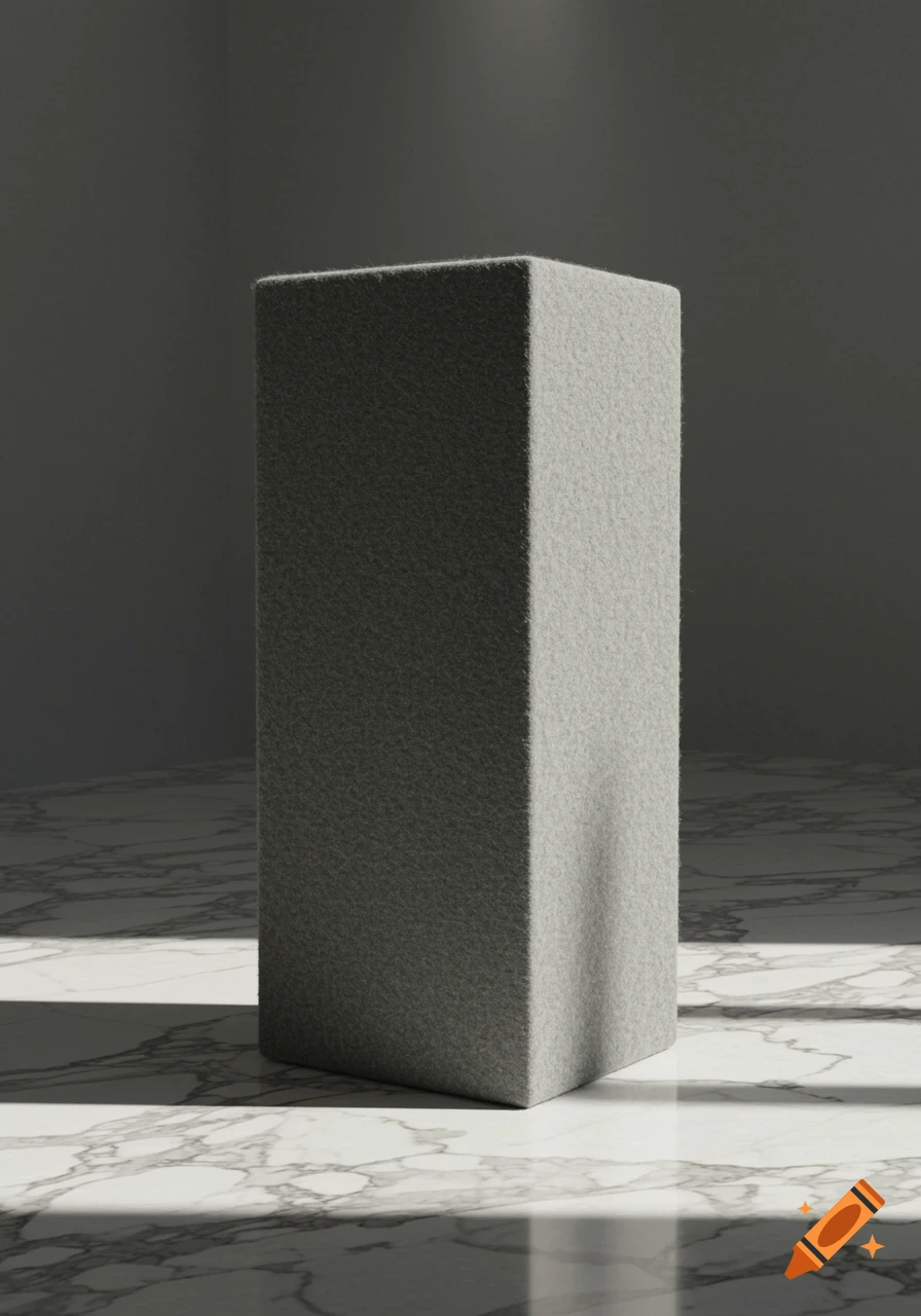 A tall gray felt-wrapped plinth stands on a reflective white marble floor with strong sunlight.