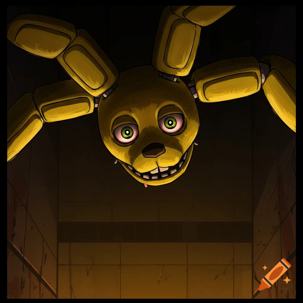 A creepy yellow animatronic rabbit with glowing green eyes and sharp teeth looks down from a dark room, in a digital art style.