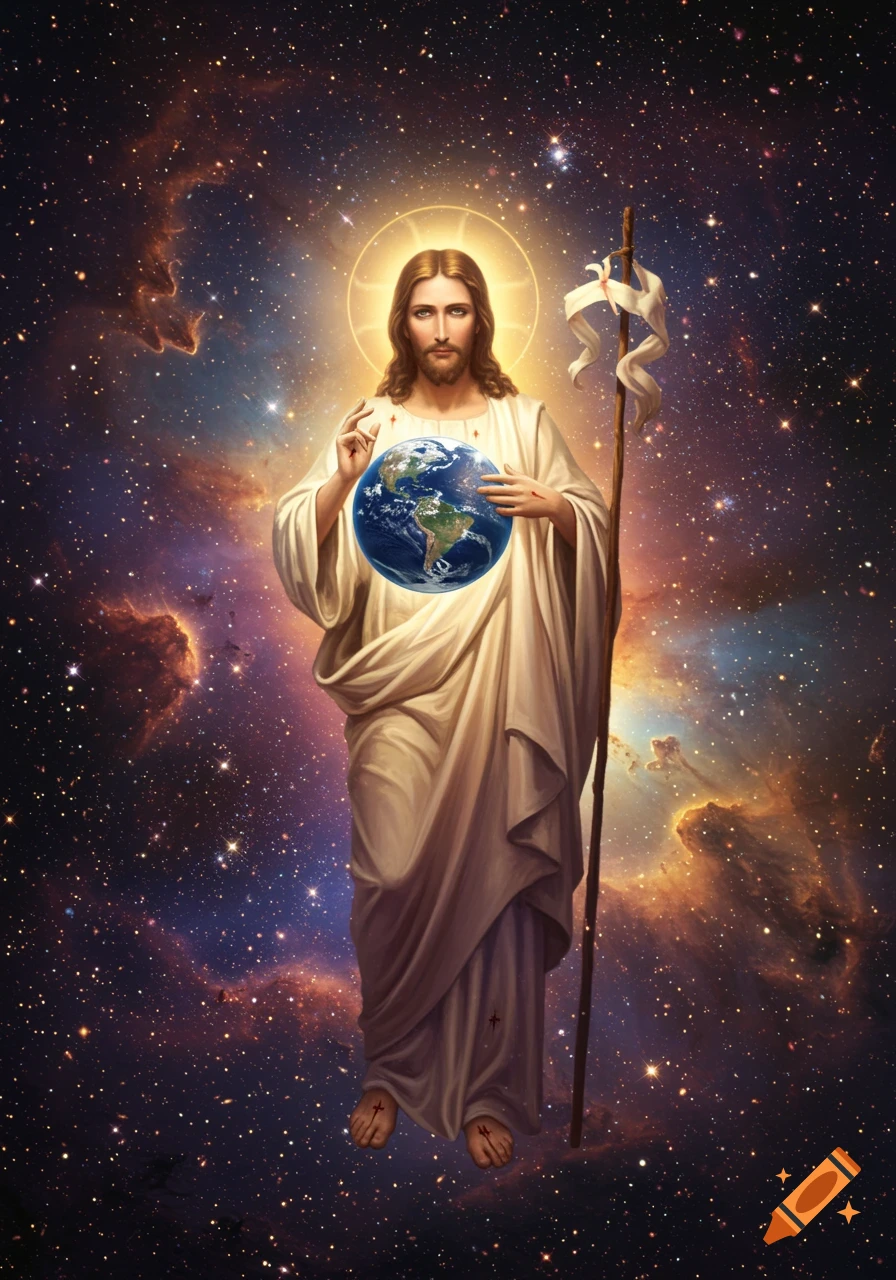 Jesus Christ with wounds standing in space, holding the Earth, with a bright halo and a staff.