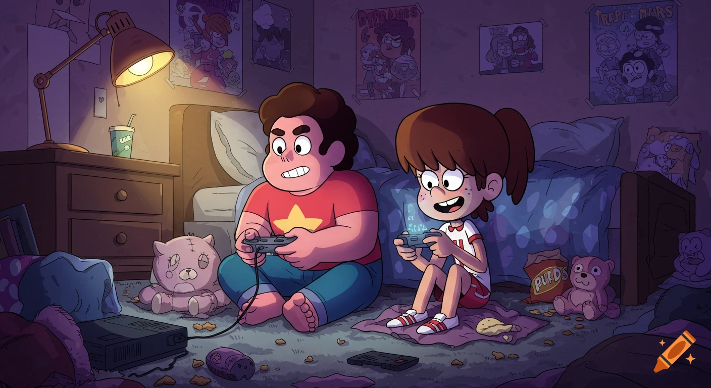 Steven Universe and Lynn Loud Jr. play video games in a dimly lit, messy bedroom.
