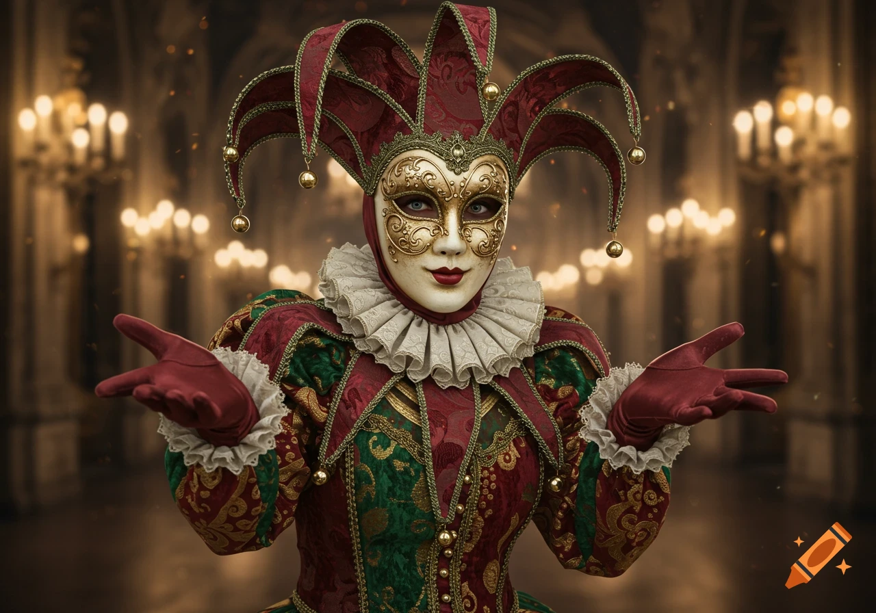A photorealistic image of a female jester wearing an ornate red and green costume, a golden Venetian mask, and gloves, holding her hands out in welcome in a dimly lit, ornate hall with chandeliers.