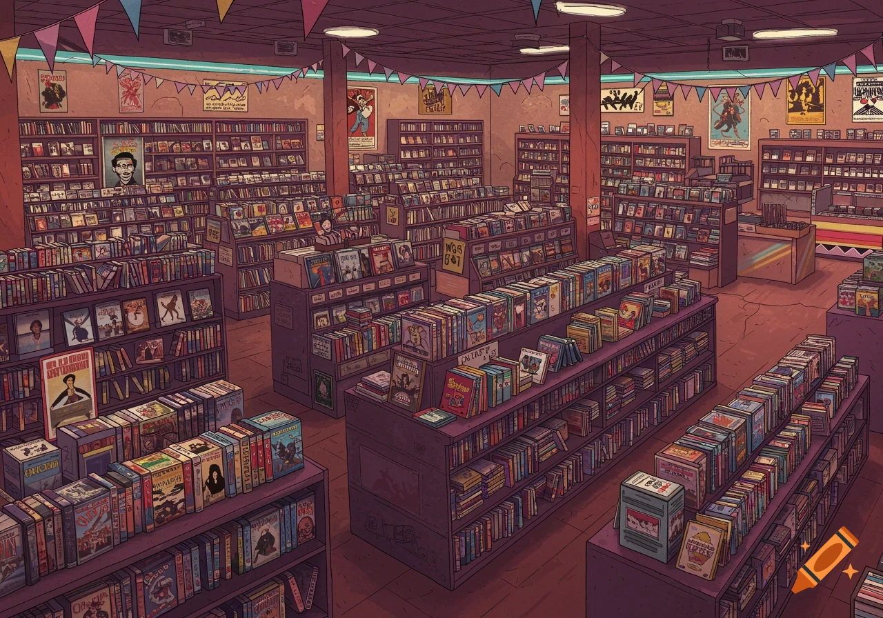 An illustration of a colorful shop interior filled with many shelves of DVDs and books.