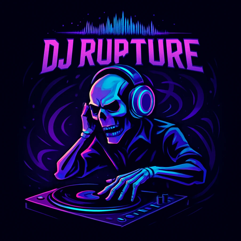 Logo for DJ Rupture with skeleton playing as DJ