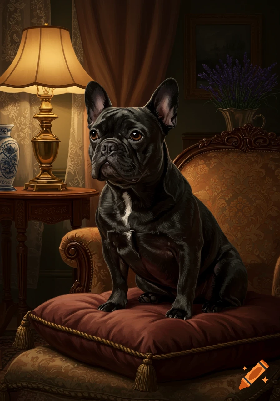 Black French bulldog sits on a red cushion in an ornate armchair, bathed in warm lamplight.