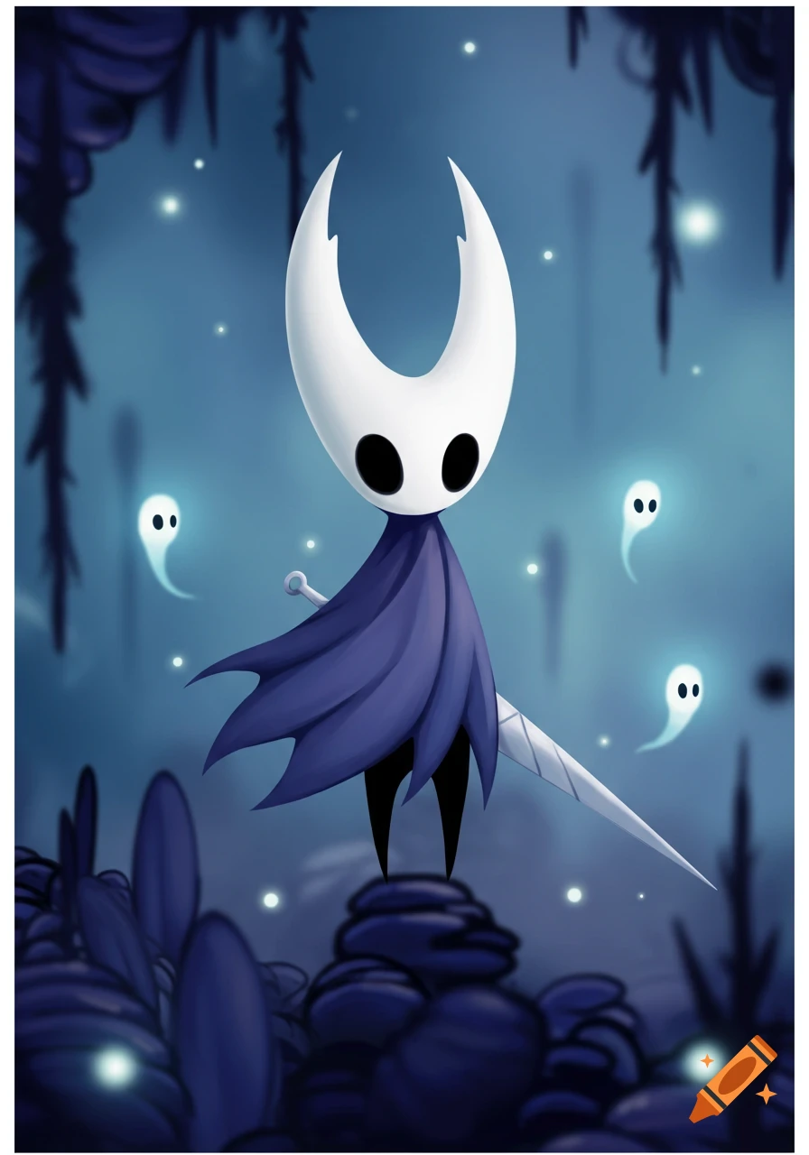 Stylized illustration of the Hollow Knight character with white horned mask, purple cloak, and nail, surrounded by spirits.