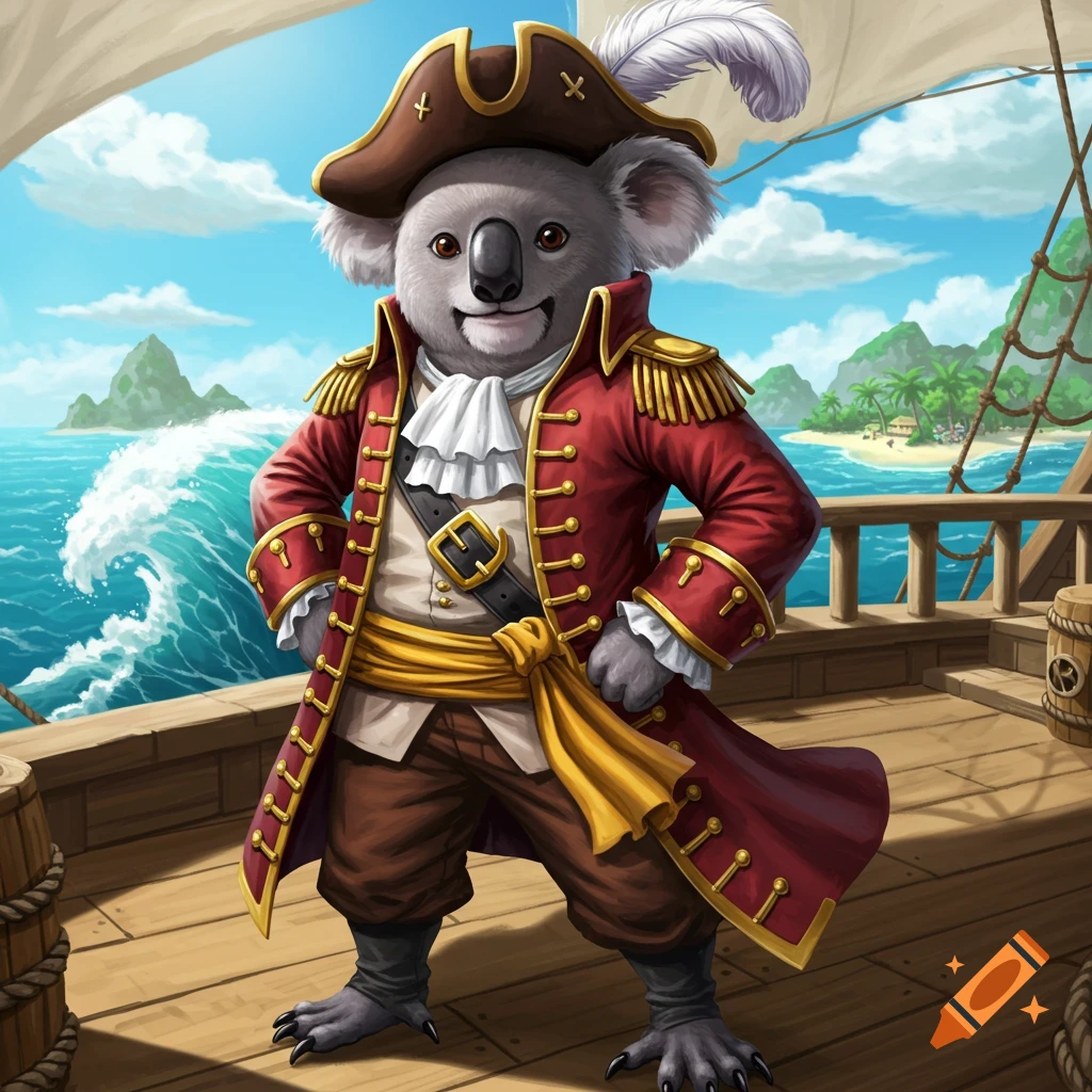 A cartoon koala pirate captain stands on a ship's deck with hands on hips, a tropical island and ocean waves in the background.