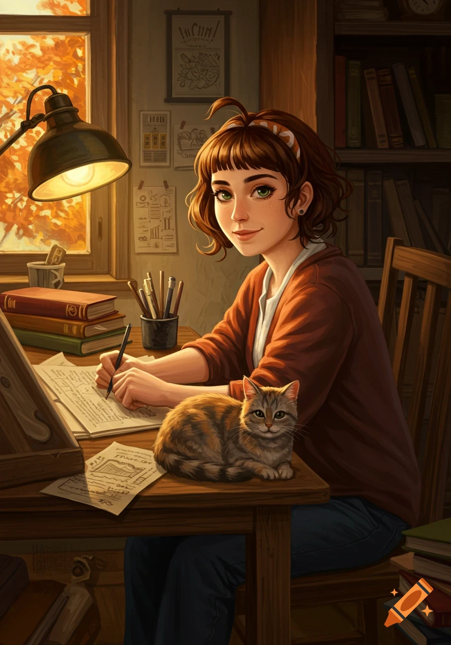 A stylized illustration of a young woman with brown hair sitting at a desk, writing, with a tabby cat beside her. Books, a lamp, and warm light from an autumn window complete the cozy scene.