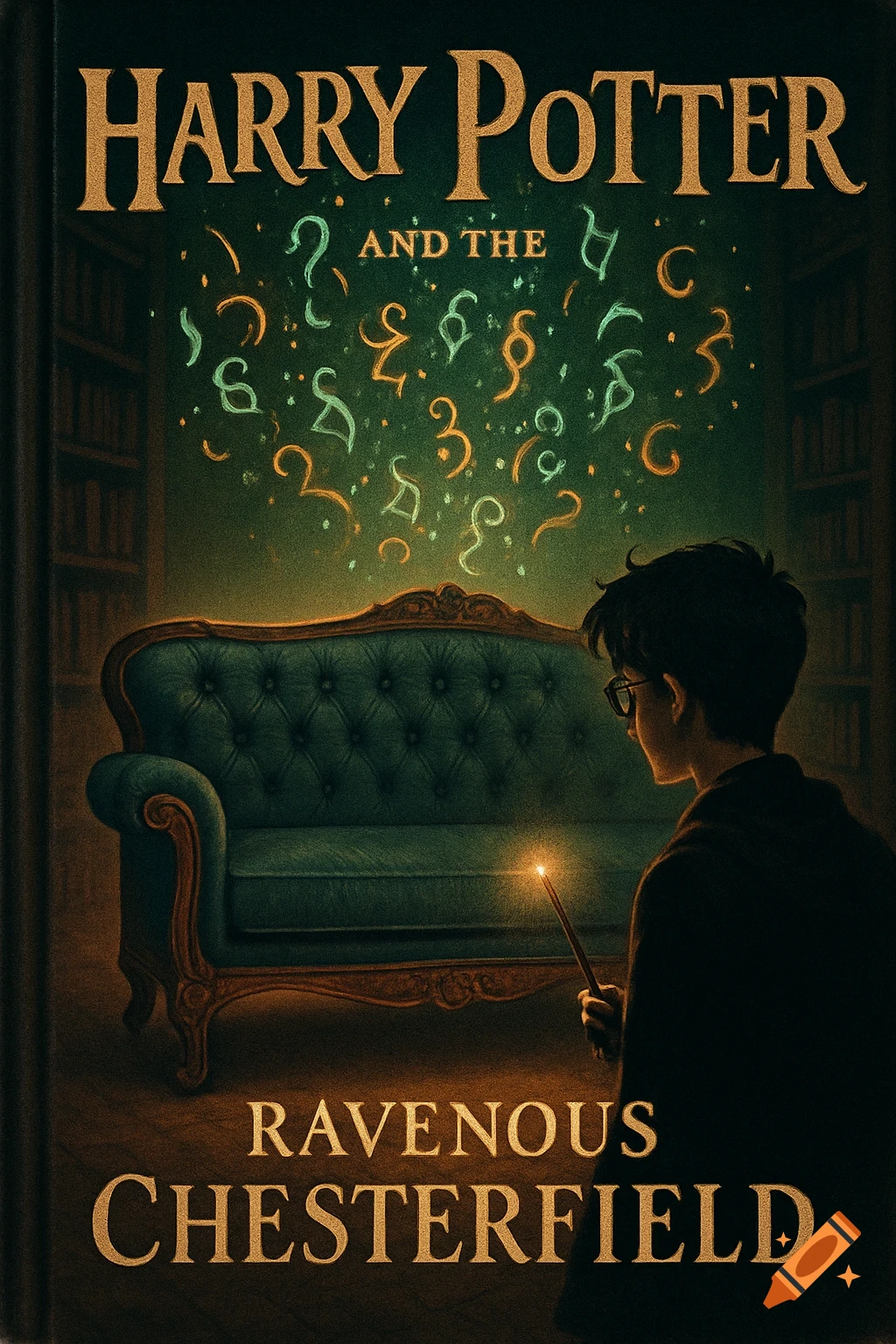 Illustration of a book cover for 'Harry Potter and the Ravenous Chesterfield', depicting Harry Potter with a glowing wand in a room with a sofa.