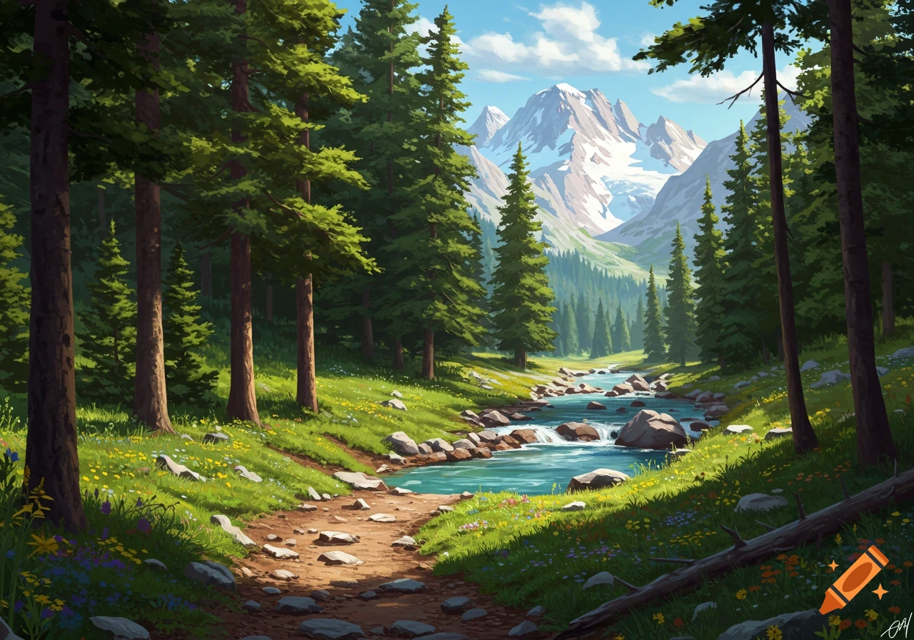 A vibrant, stylized landscape of a mountain trail alongside a stream, surrounded by tall pine trees, with snowy peaks in the background.