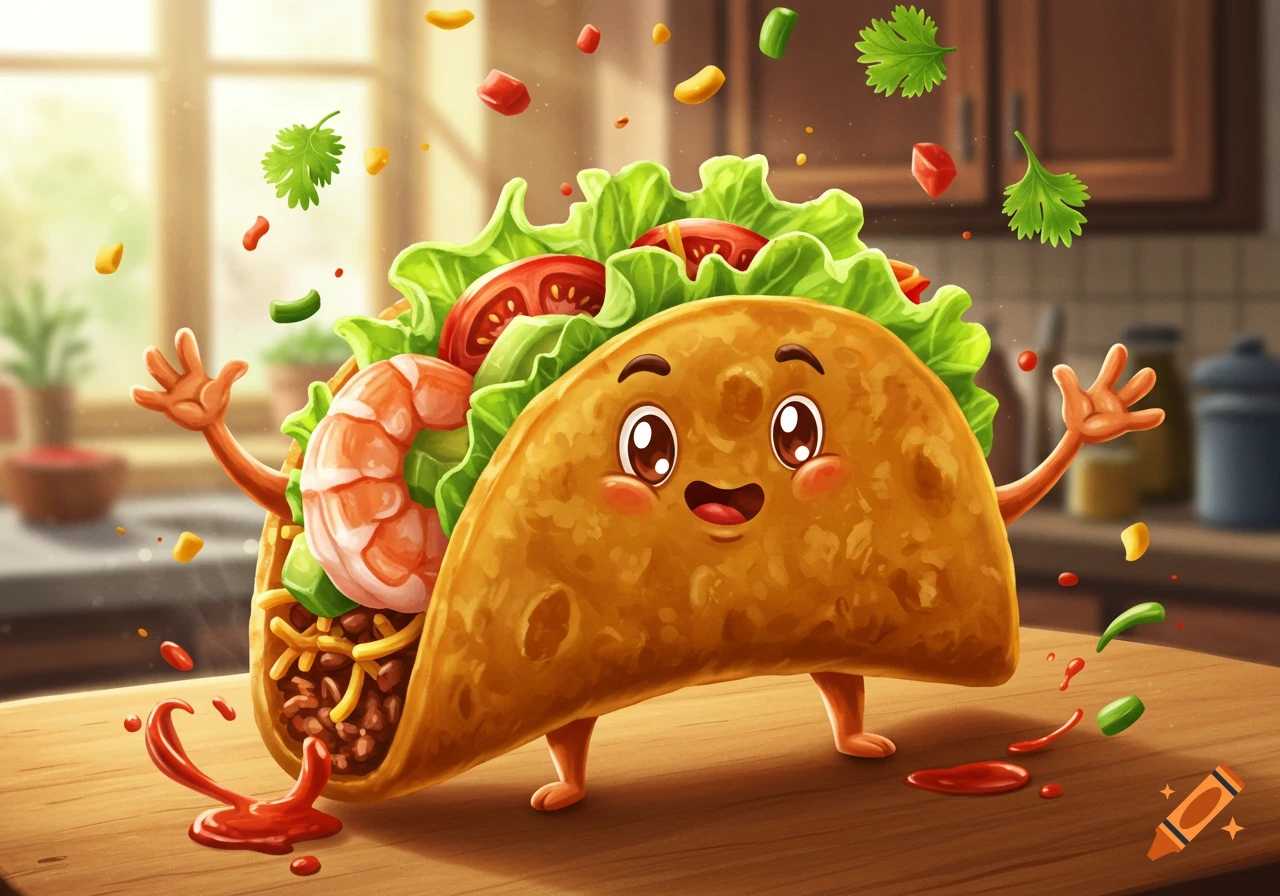 Vibrant cartoon anthropomorphic shrimp taco standing on a wooden table with ingredients falling around it in a kitchen.