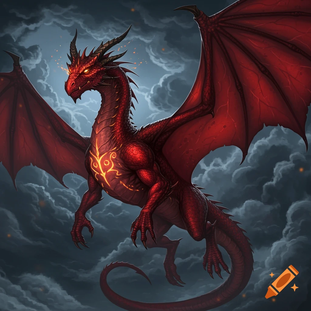 A majestic red dragon with glowing golden eyes and glowing chest markings flies through dark, stormy clouds at night.