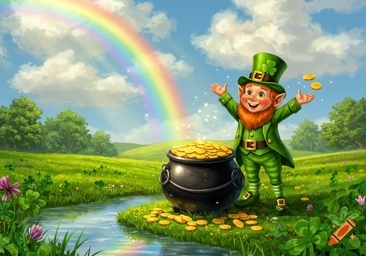 A joyful leprechaun with a pot of gold at the end of a rainbow in a vibrant green field with a stream, illustration.