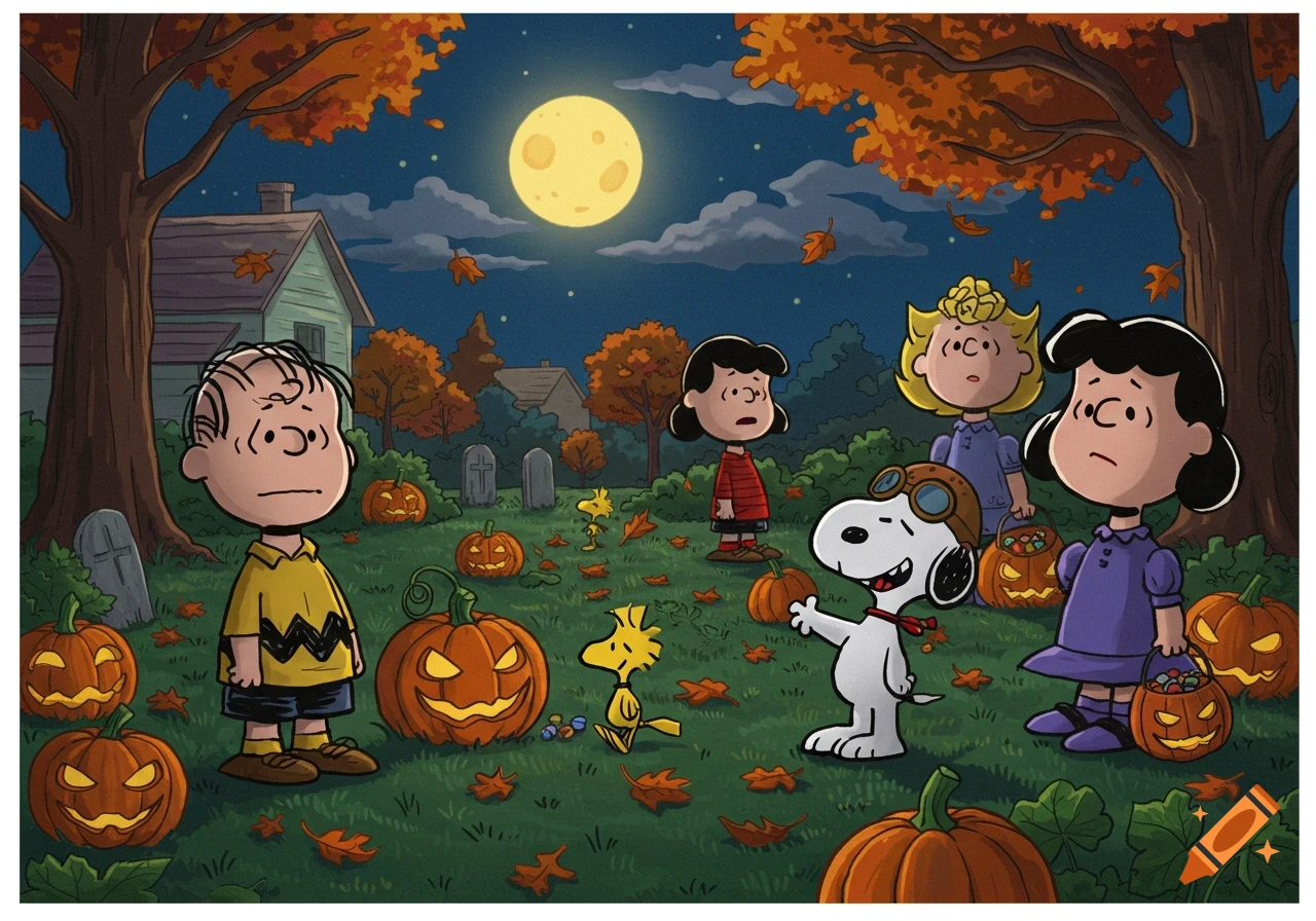 Charlie Brown, Lucy, Sally, Snoopy, and Woodstock in a Halloween graveyard scene with carved pumpkins under a full moon.