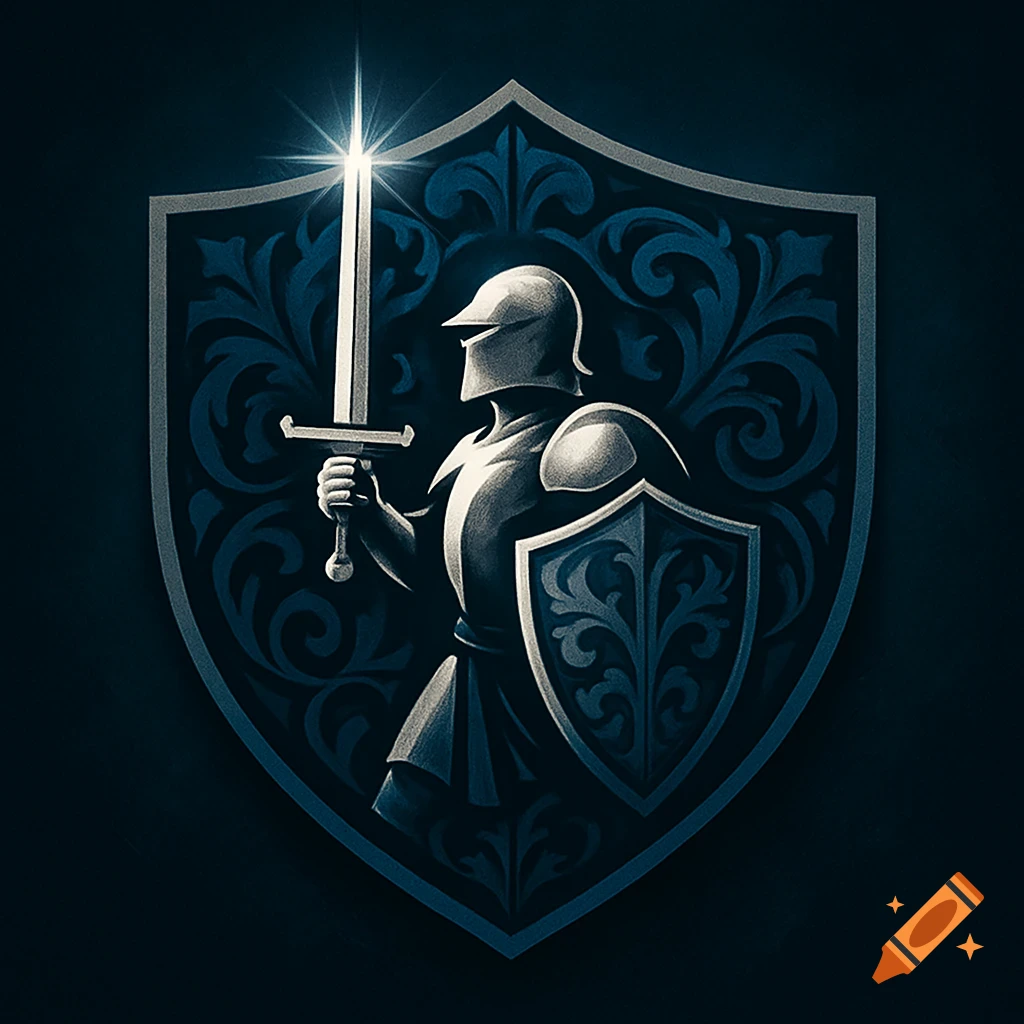 Stylized illustration of a knight in armor holding a shining sword and shield within an ornate emblem.