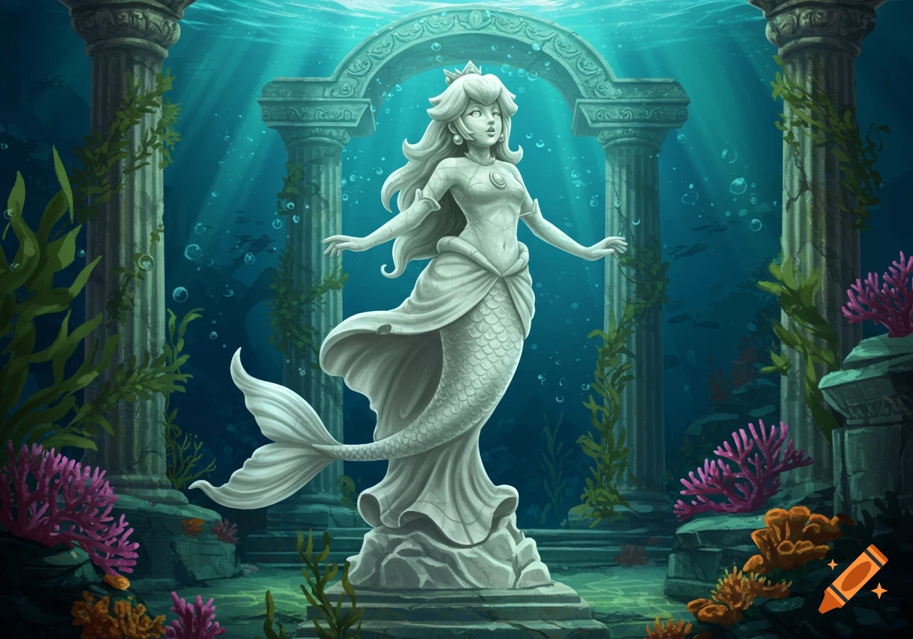 A grey marble statue of Princess Peach as a mermaid stands among ancient ruins on the ocean floor, bathed in light rays.