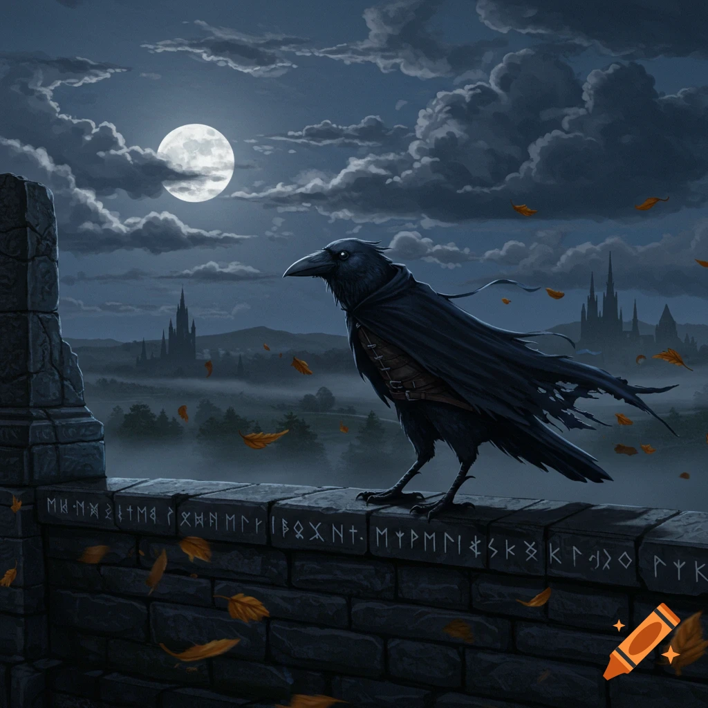 A stylized crow in a tattered cloak stands on a rune-carved stone wall under a full moon and cloudy night sky, overlooking a misty landscape with castles.